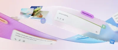 Un’immagine concettuale che mostra elementi digitali mobili tra cui caselle di testo, icone di applicazioni e motivi ondulati in vari colori