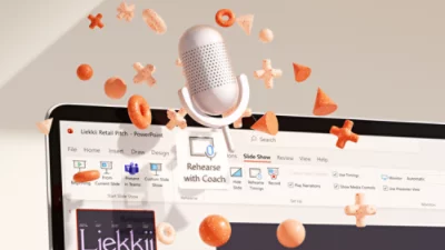 Ein Computerbildschirm, auf dem eine Software-Benutzeroberfläche mit verschiedenen Symbolen und Text zu sehen ist, umgeben von schwebenden Müsli-Elementen und einem Mikrofon.