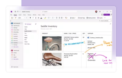 Application de prise de notes numérique affichant un inventaire des selles avec les images des produits, les UGS et les contacts des fournisseurs.