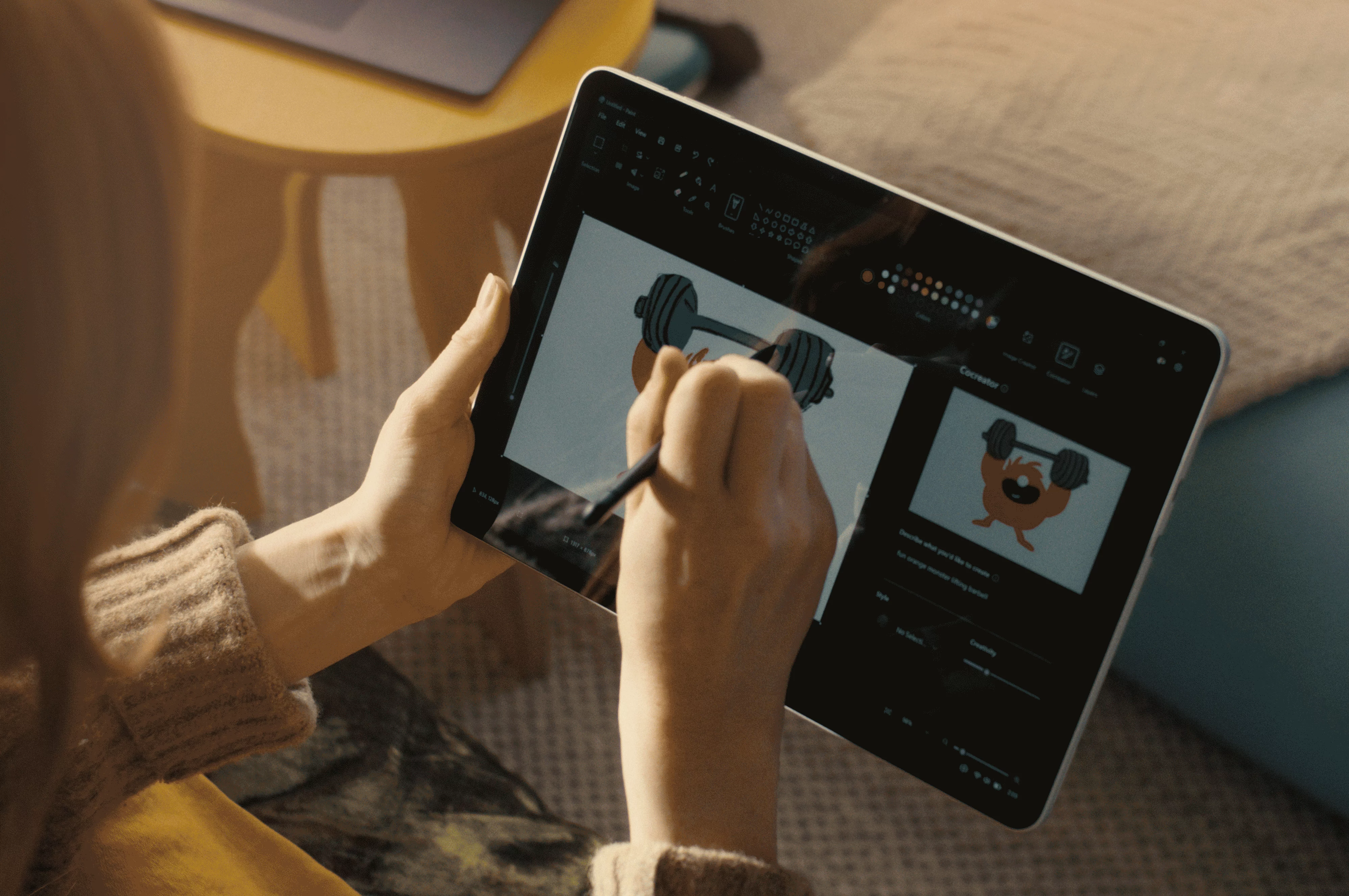 A person drawing on a Surface tablet with a stylus, working on a graphic of a weightlifter