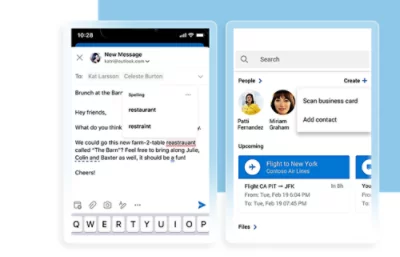 Immagine a schermo diviso: Sulla sinistra si vede la bozza di un’email che suggerisce un brunch al ristorante. Sulla destra si vedono opzioni di gestione dei contatti